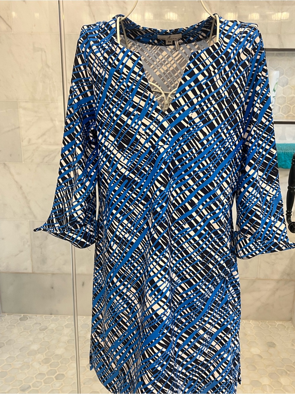 Jude Connally Blue Black White Striped Abstract Dress.  Sz. M.  EUC